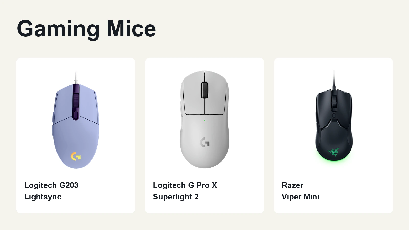 Gaming mouse comparison featuring the Logitech G203 Lightsync, Logitech G Pro X Superlight 2 and Razer Viper Mini