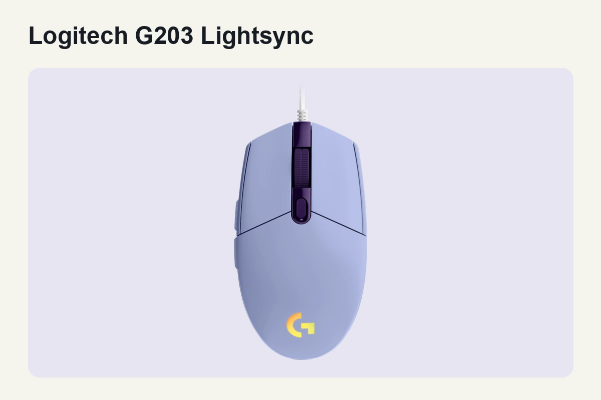 Lilac Logitech G203 Lightsync wired gaming mouse shown from above on a light purple background