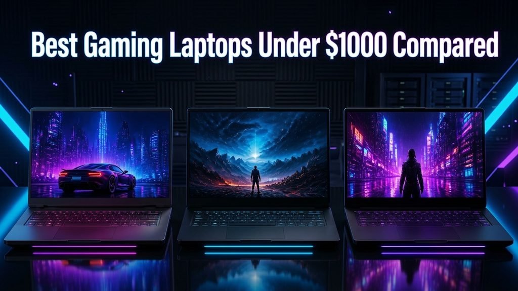 Best gaming laptops under $1000 comparison hero banner showing three gaming laptops with neon displays and RGB lighting
