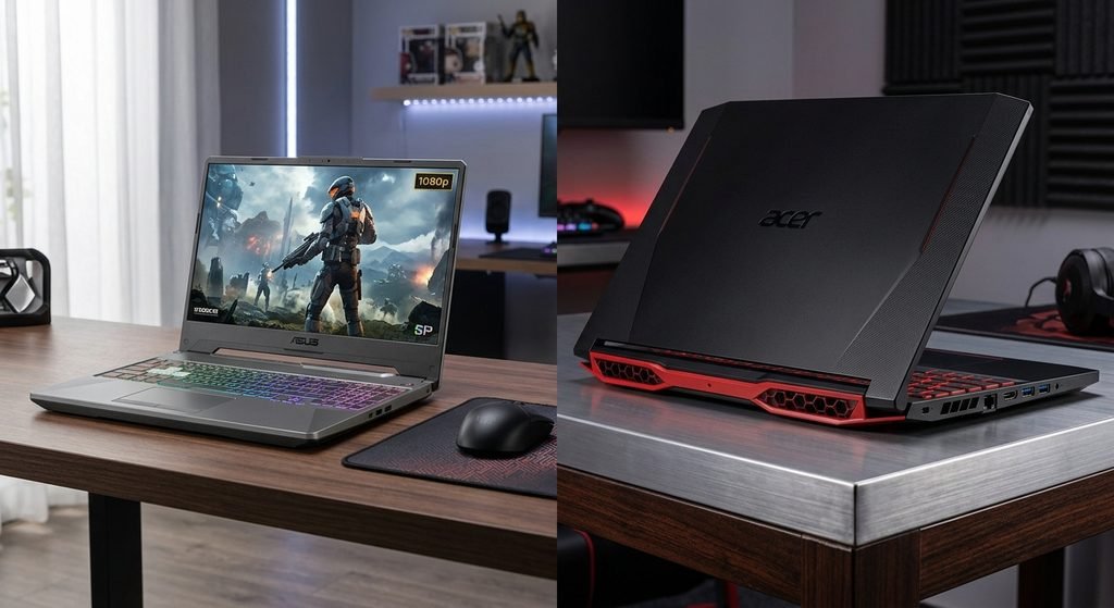 ASUS TUF Gaming A15 laptop on a desk showing RGB keyboard lighting