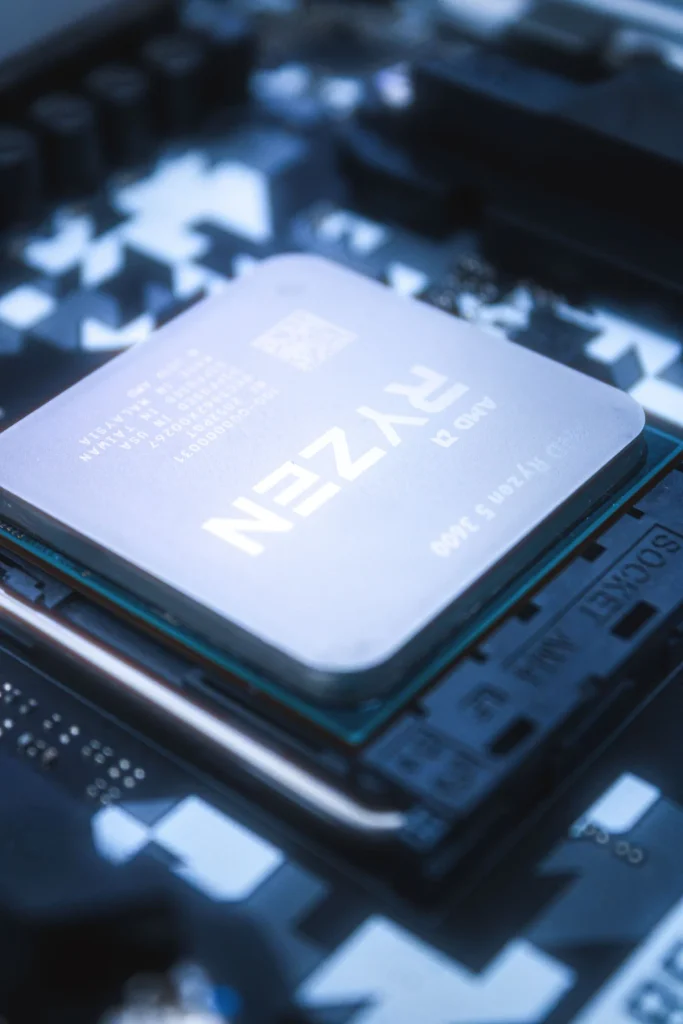 Close-up of an AMD Ryzen CPU installed in a motherboard socket