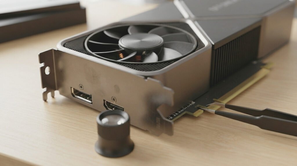 Inspecting a used graphics card for damaged connectors and visible wear