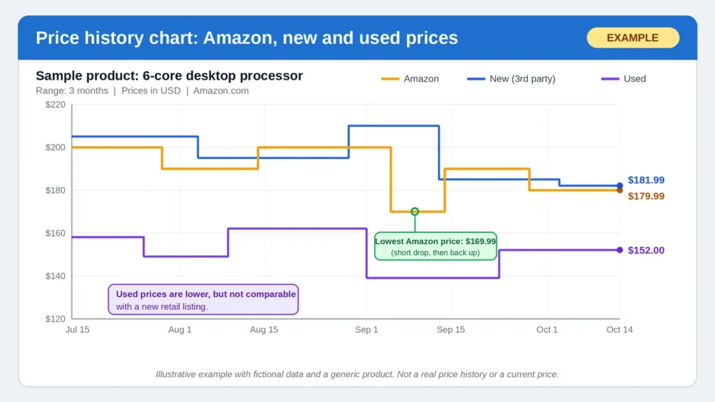 Keepa price history graph with Amazon, new and used price lines for a PC hardware product