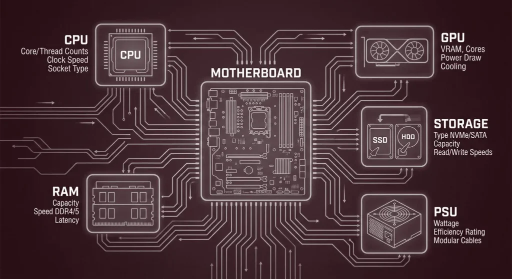 Alt Text	Diagram of PC components around a motherboard with the specifications to check for compatibility