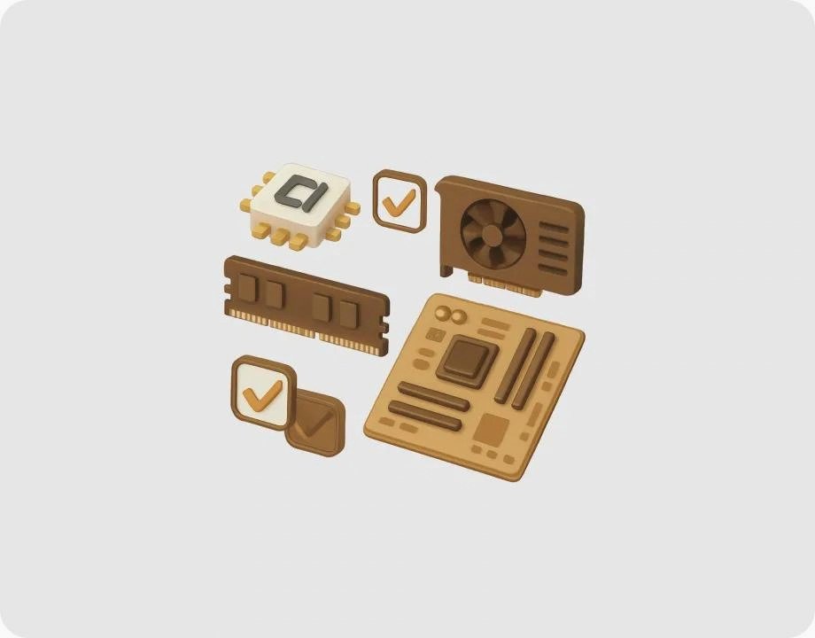 Checklist icons for a CPU, graphics card, RAM and motherboard before buying PC components on sale