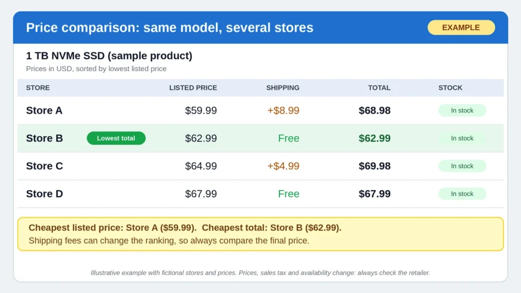 Moroccan PC hardware price comparator listing the same component from several shops