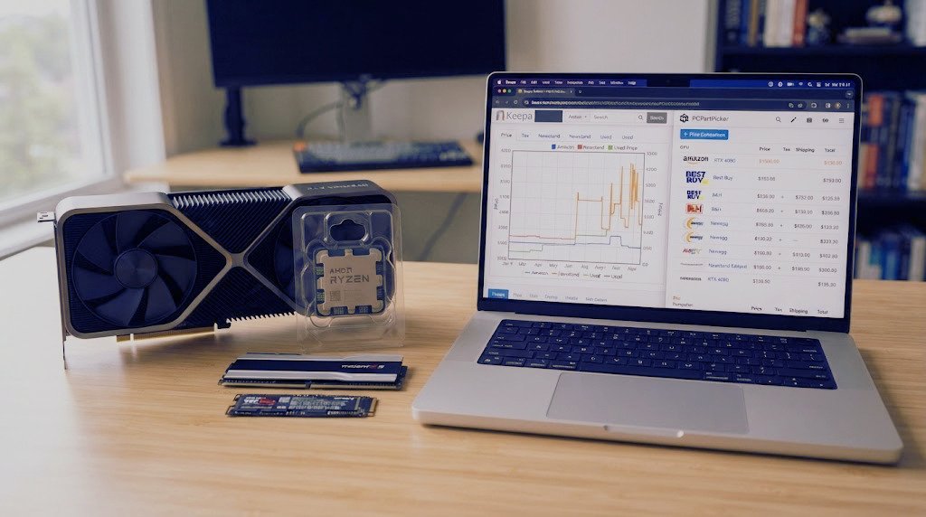Alt Text PC hardware price trackers: graphics card, RAM and SSD beside a laptop showing price history charts