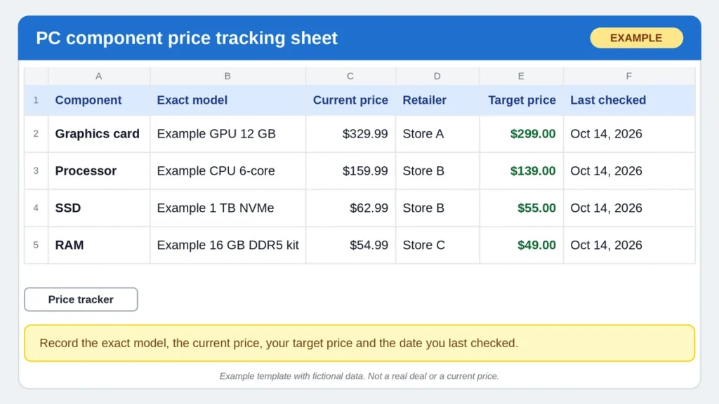 Spreadsheet template to track PC component models, current prices, target prices and retailers