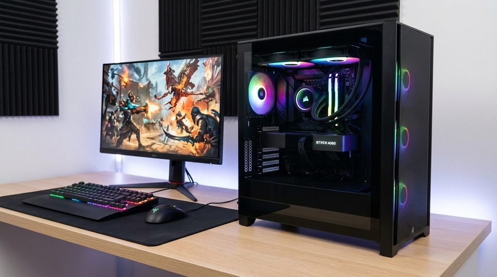Un boîtier PC de bureau ouvert montrant une carte graphique RTX 4060 ou des composants système.