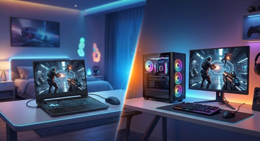 Gaming Laptop vs Desktop comparison showing setup differences