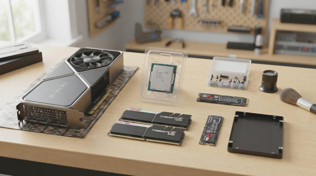 Used and refurbished PC components: graphics card, CPU, RAM and SSDs laid out on a workbench
